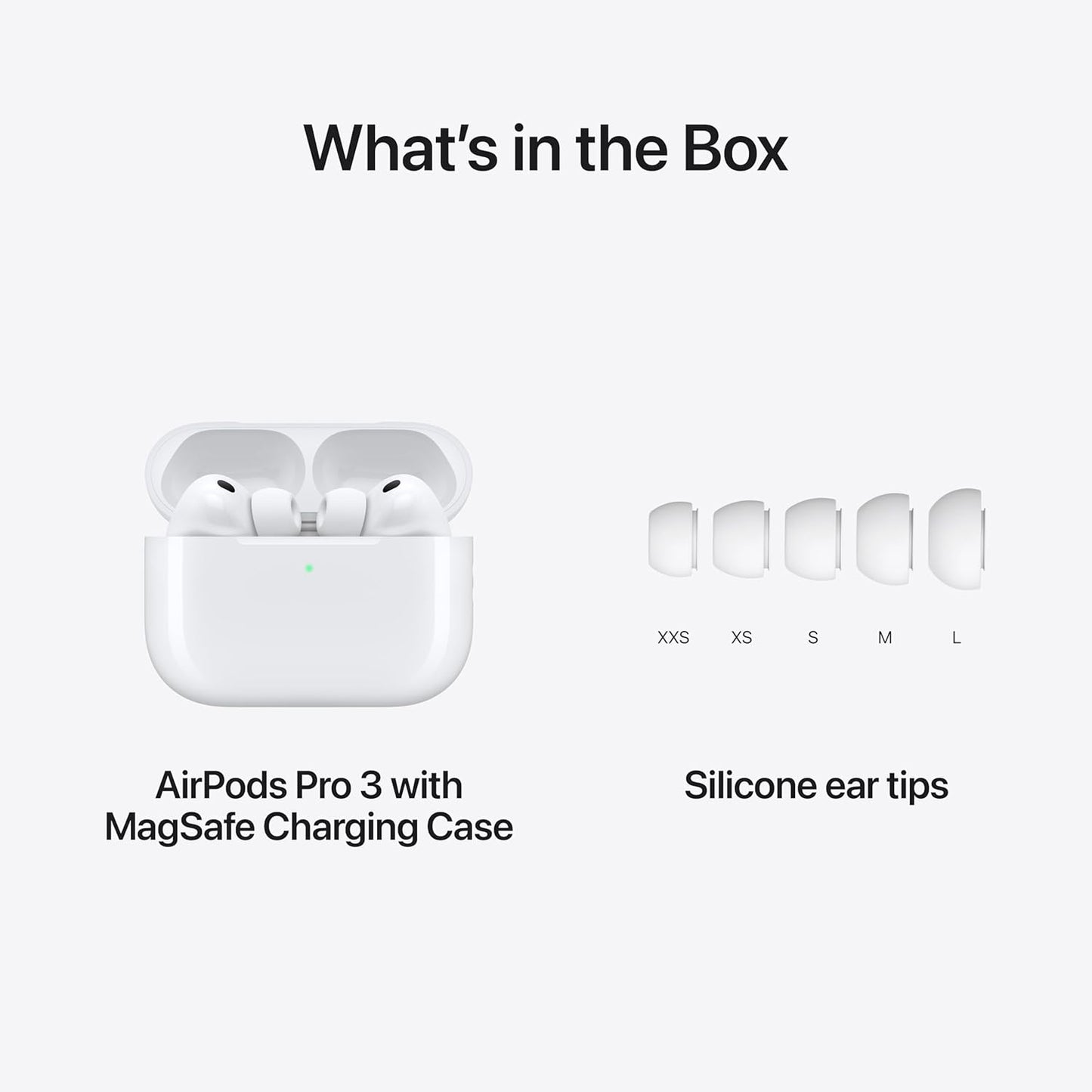 AirPods Pro 3 with MagSafe Charging Case and silicone ear tips on a white background