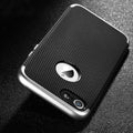 Black textured phone case with a brand logo on a dark background