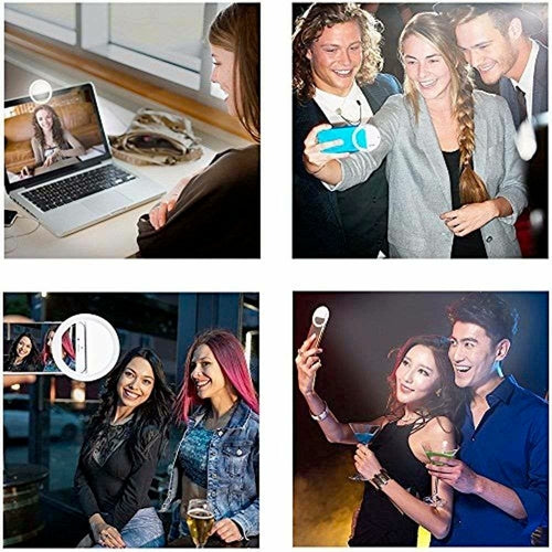 Collage of four scenes showing people using a smartphone with a screen magnifier app.