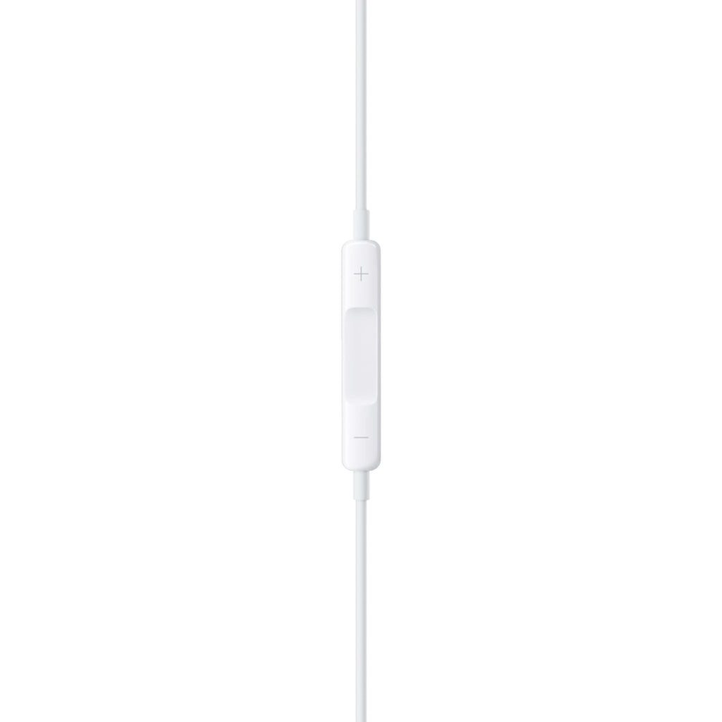 White earbud with control buttons on a white background