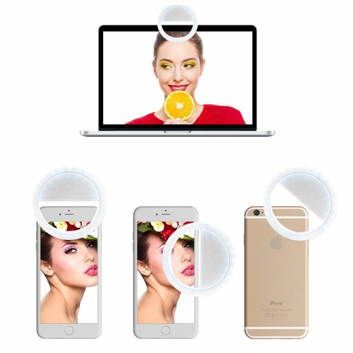 Smartphone with a ring light displayed on a white background