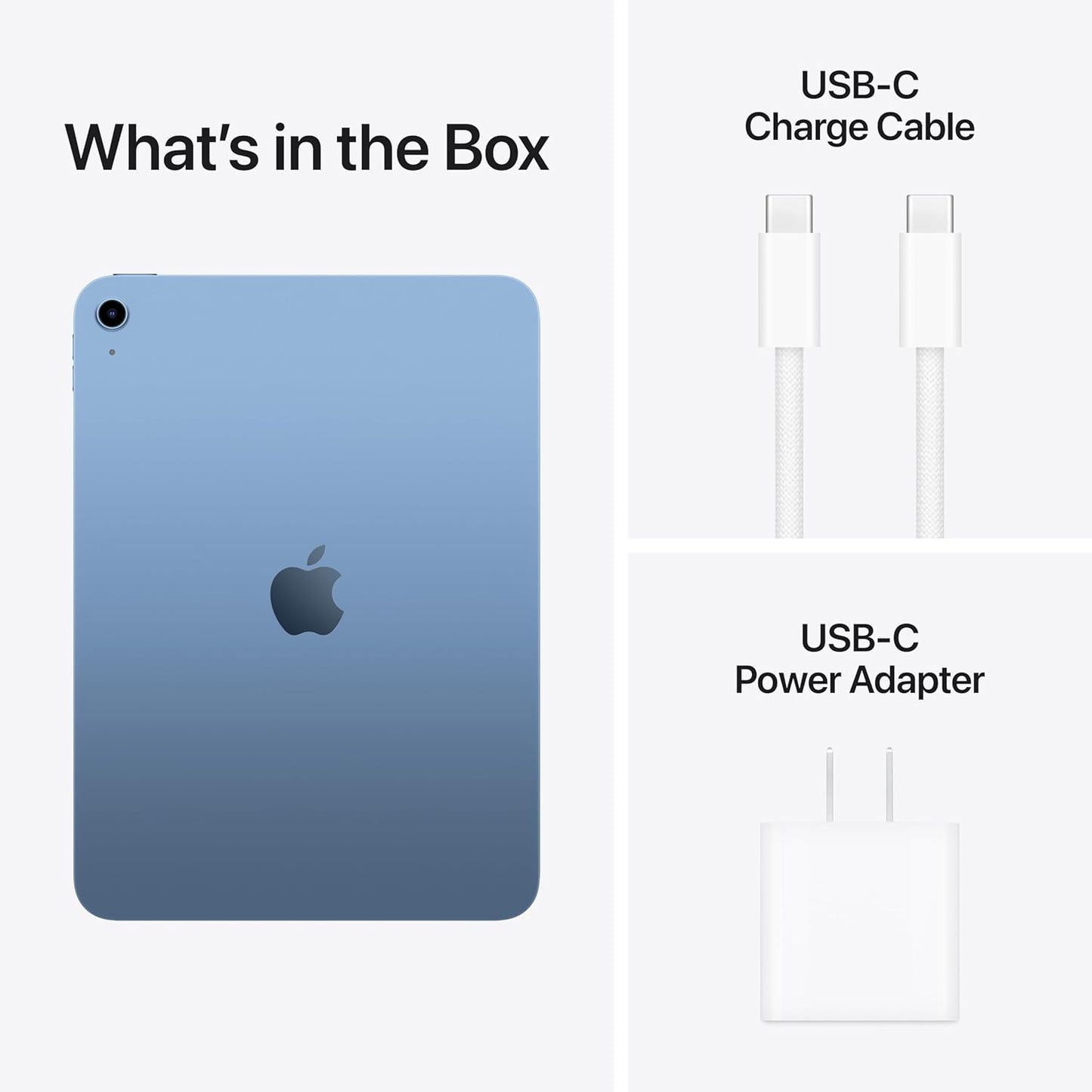 Product packaging list showing a blue device, USB-C charge cable, and power adapter on a white background.