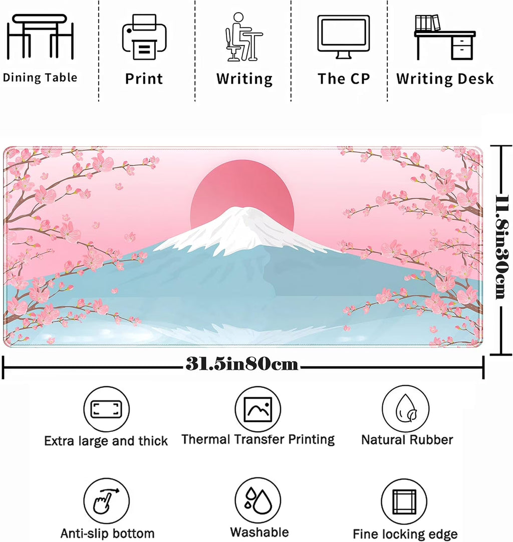 Aesthetic Japanese Cherry Blossom Desk Mat Cute Pastel Blue Color XL Sakura Gaming Mouse Pad Anime Mousepad for Women Desk Office Girl Gamer Cherry Blossoms Mouse Pads Fun Desktop Mat 31.5X11.8 In
