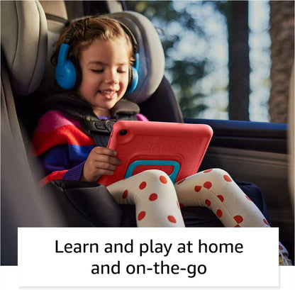 Child sitting in a car seat with a tablet and headphones, with text 'Learn and play at home and on-the-go'.