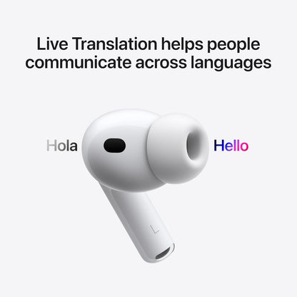 White wireless earbuds with text 'Hola' and 'Hello' on a white background, promoting live translation.