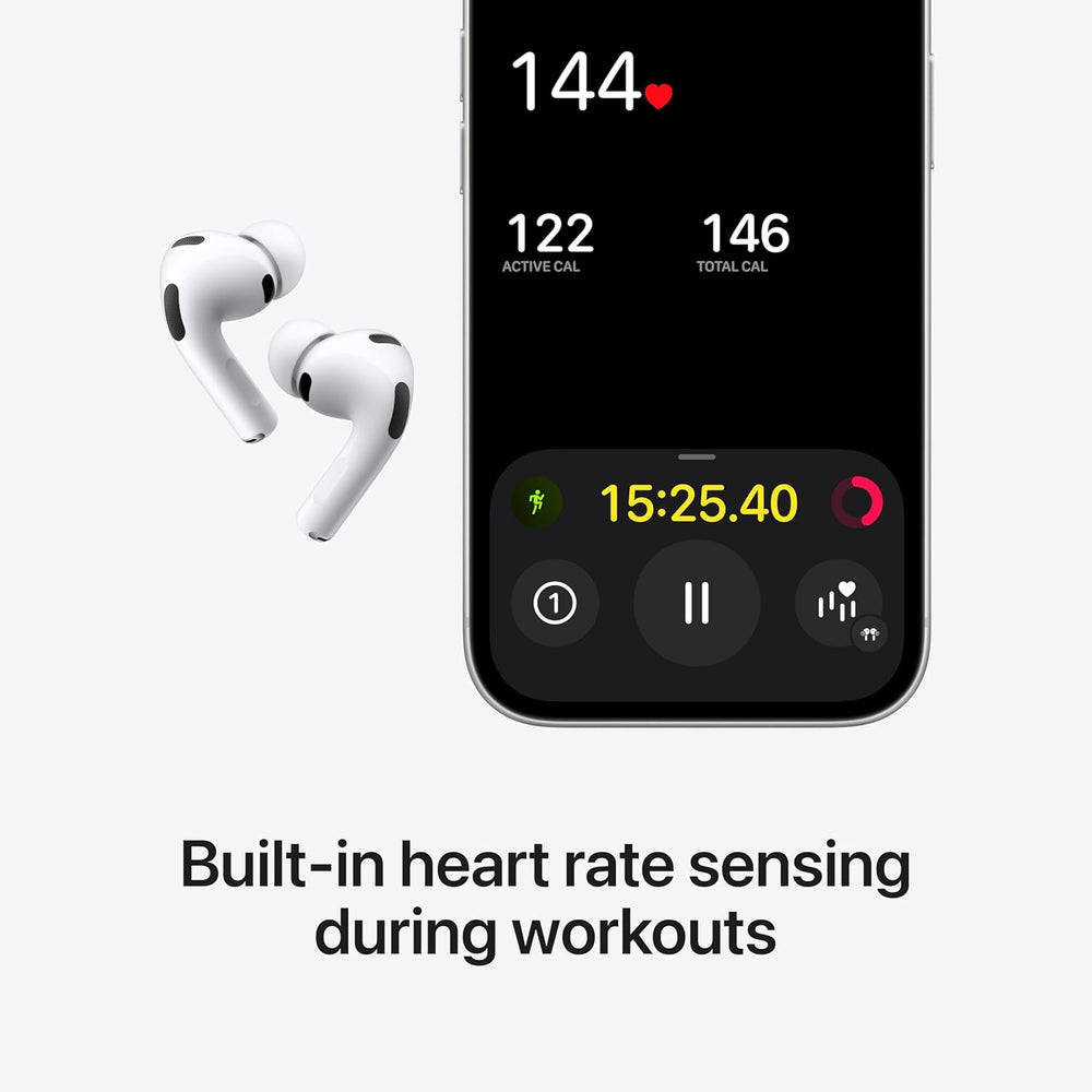Smartphone displaying heart rate and workout metrics with wireless earbuds on a white background