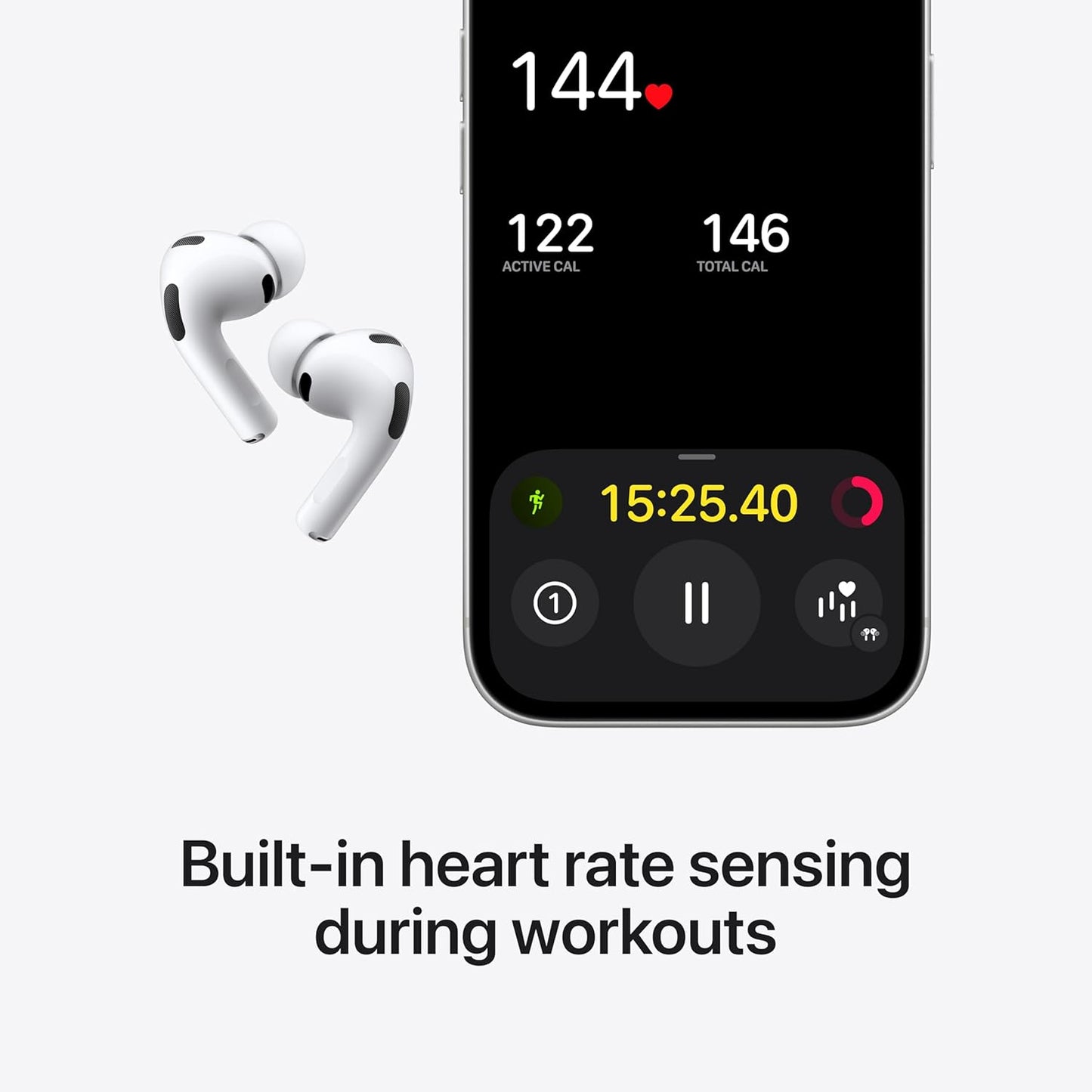 Smartphone displaying heart rate and workout metrics with wireless earbuds on a white background