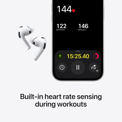 Smartphone displaying heart rate and workout metrics with wireless earbuds on a white background