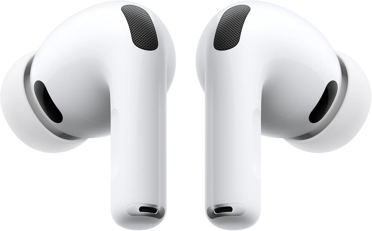 White wireless earbuds on a white background