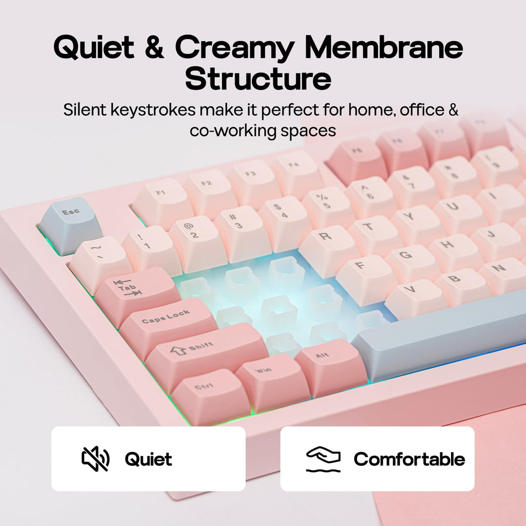 Pink keyboard with text highlighting 'Quiet & Creamy Membrane Structure' on a light gray background