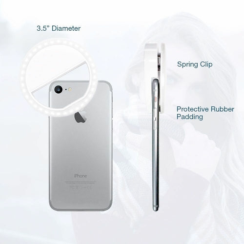 Phone case with 3.5-inch diameter, spring clip, and protective rubber padding on a white background