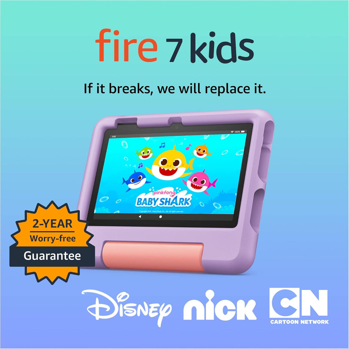 Fire 7 Kids tablet with cartoon characters on screen, surrounded by Disney, Nick, and Cartoon Network logos on a blue background.