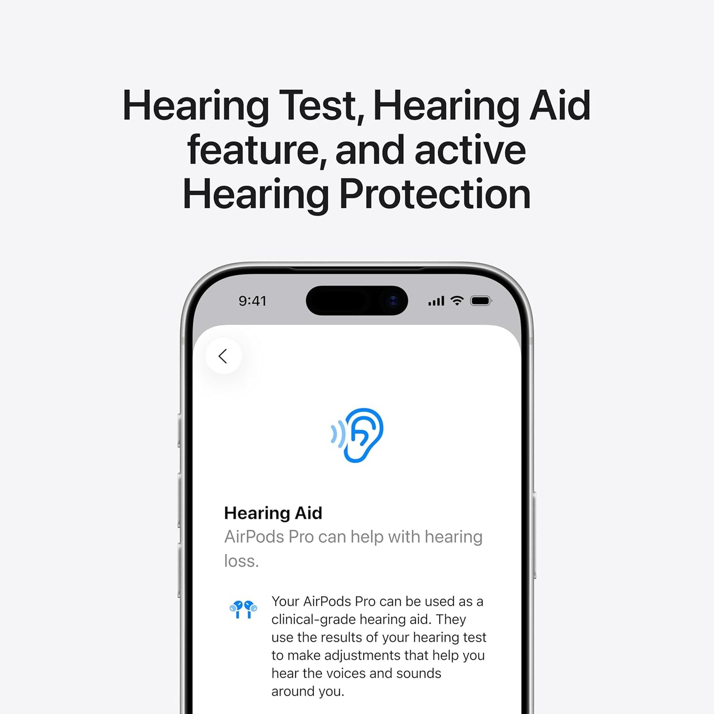 Smartphone displaying Apple AirPods Pro hearing aid feature on a white background