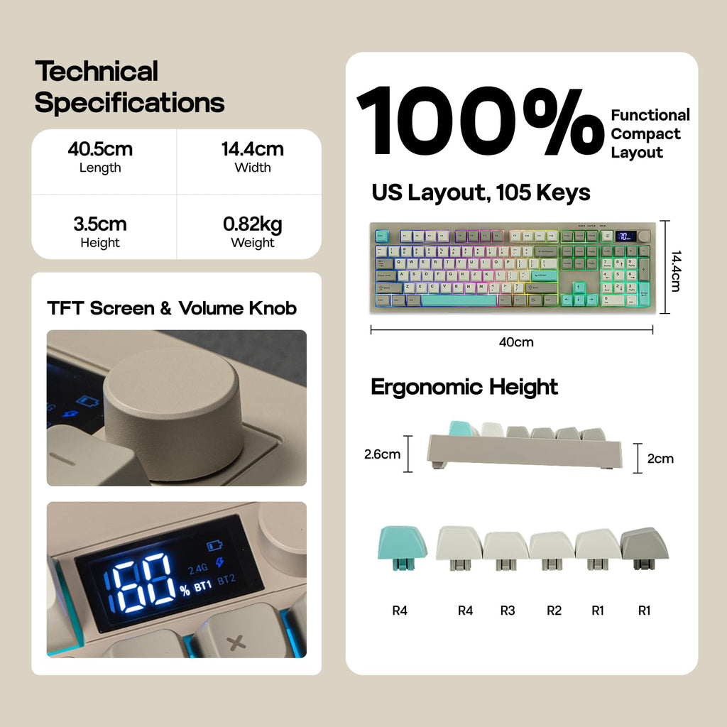 Technical specifications and features of a keyboard with measurements and layout details.