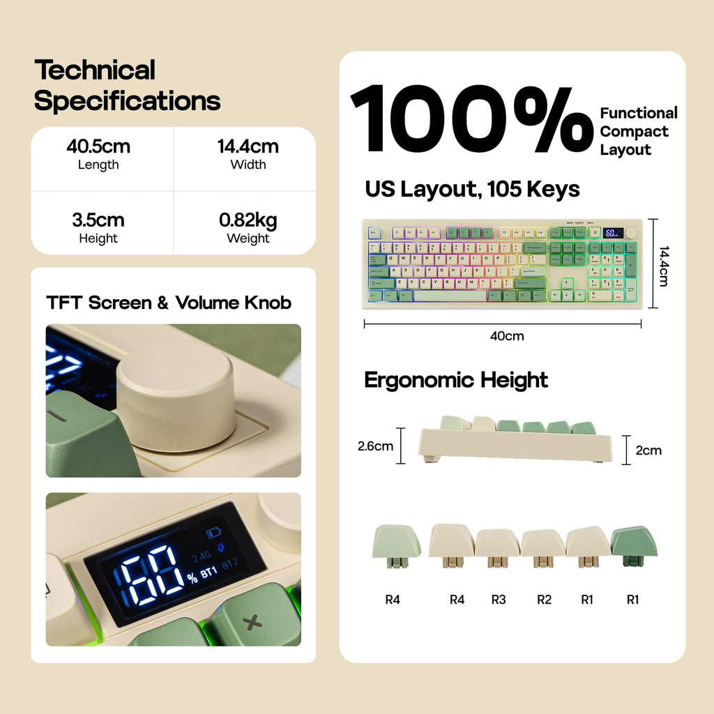 Technical specifications of a keyboard with dimensions, weight, layout, and features displayed.