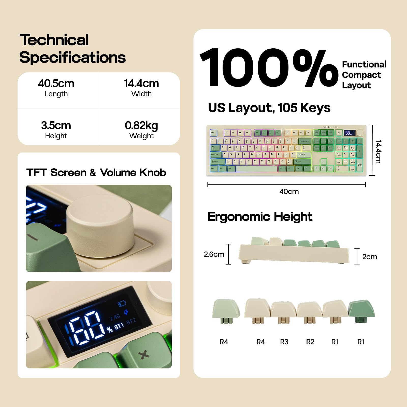 Technical specifications of a keyboard with dimensions, weight, layout, and features displayed.