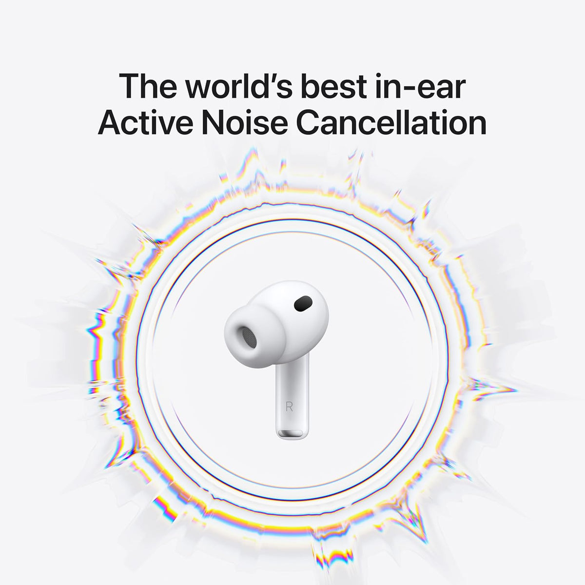 White in-ear headphones with 'The world's best in-ear Active Noise Cancellation' text on a white background