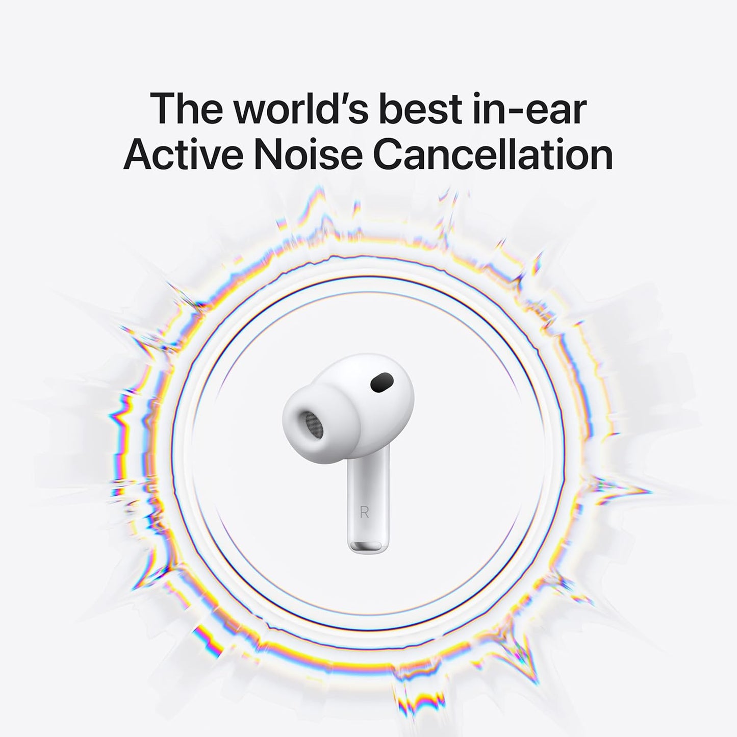 White in-ear headphones with 'The world's best in-ear Active Noise Cancellation' text on a white background