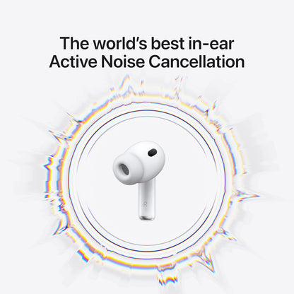 White in-ear headphones with 'The world's best in-ear Active Noise Cancellation' text on a white background