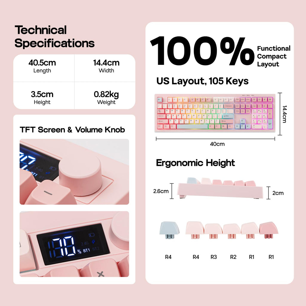 Technical specifications of a pink keyboard with measurements and features on a pink background