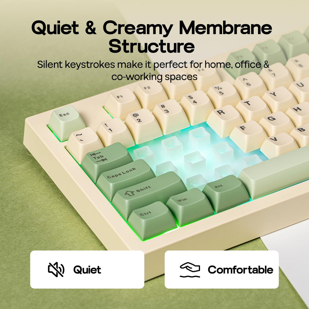 Keyboard with green and beige keys on a green background, highlighting quiet and comfortable features.
