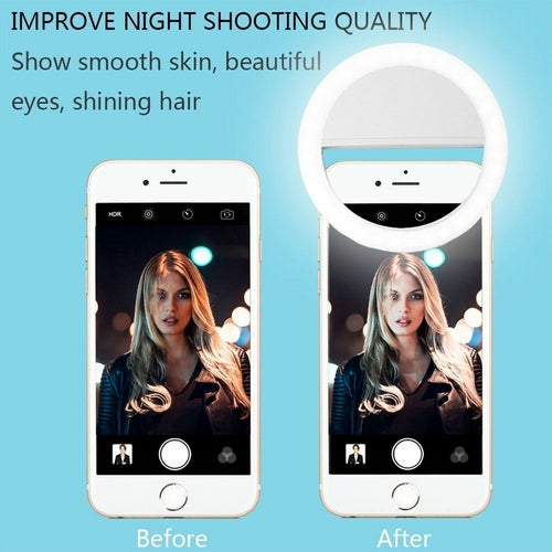 Smartphone with a ring light on screen showing before and after effect on photo quality.
