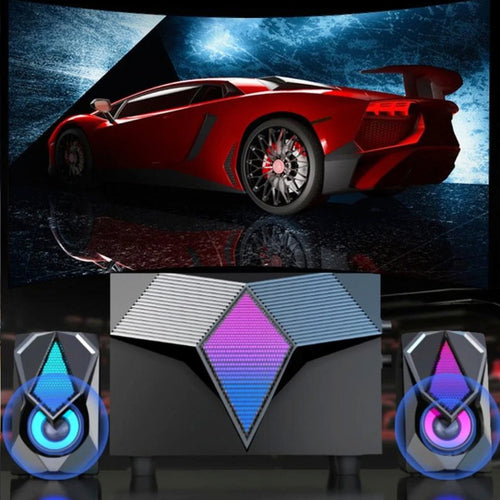 Red sports car on a dark background with colorful geometric shapes and glowing elements.