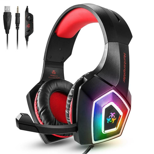 Gaming headset with RGB lighting and USB cable on a white background