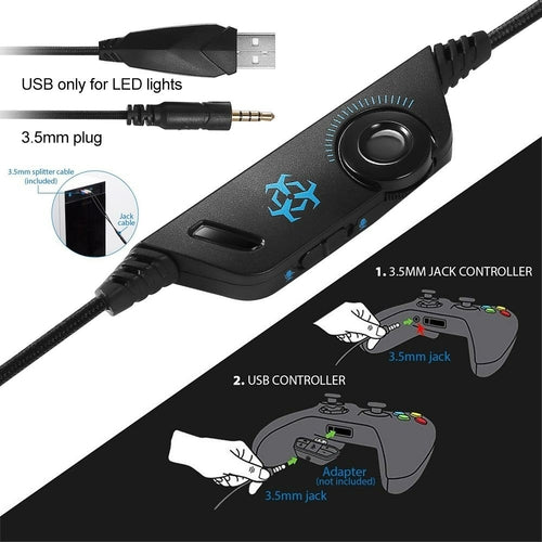 Gaming controller adapter with USB and 3.5mm jack connections on a white background