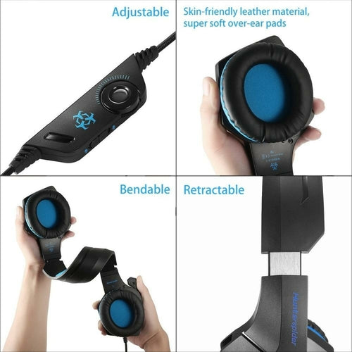 Headphones with adjustable, bendable, and retractable features on a white background.