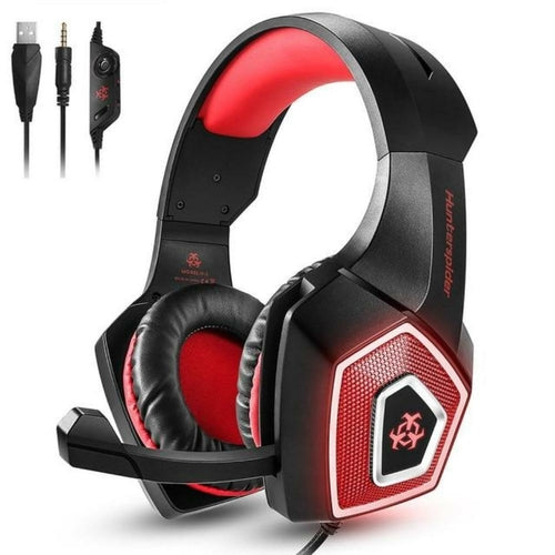 Gaming headset with red accents and microphone on a white background