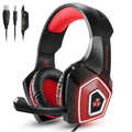 Gaming headset with red accents and microphone on a white background