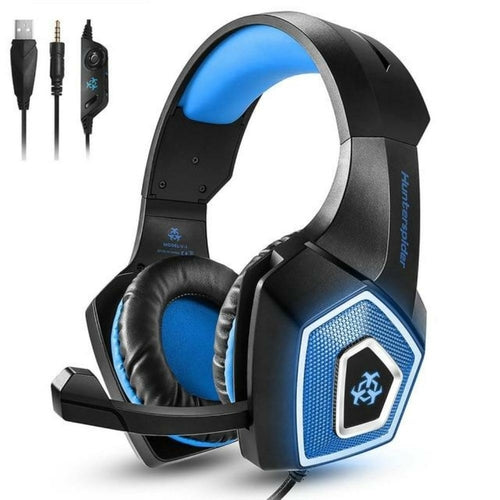 Gaming headset with blue accents and microphone on a white background