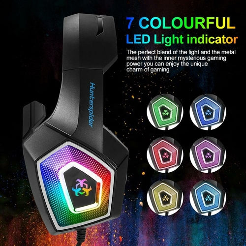 Gaming headset with colorful LED light indicator on a dark space-themed background