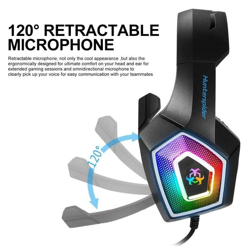 Gaming headset with RGB lighting and retractable microphone on a white background